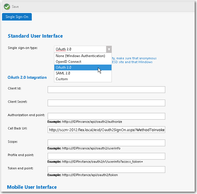 Site Management > Settings > Single Sign-On View
