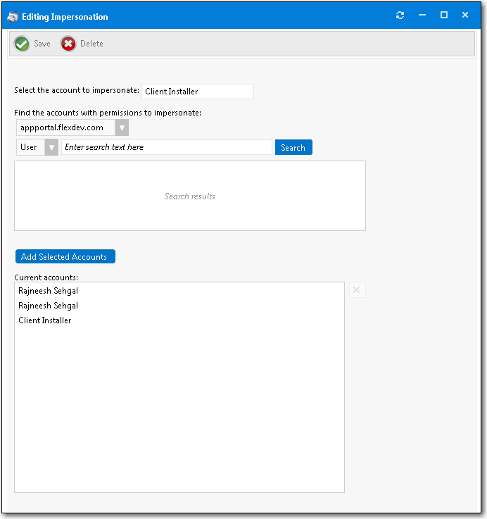User Impersonation Properties Dialog Box
